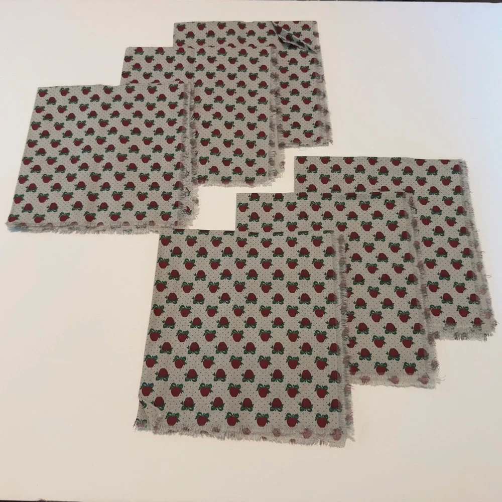 Vintage Style Gray Red Apple Print Frayed Edge Cloth Napkins Set of 6 Farmhouse
